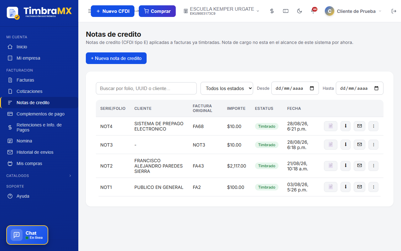 Bitácora de notas de crédito de facturación electrónica en TimbraMX