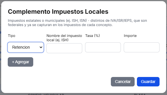 Formulario de Impuestos Locales en TimbraMX con tipo, nombre, tasa e importe