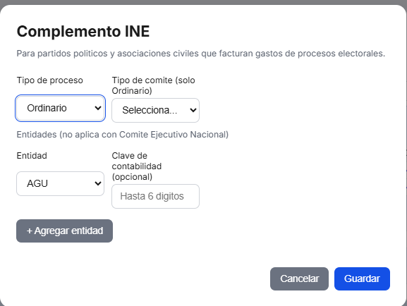 Formulario del Complemento INE en TimbraMX con tipo de proceso y entidades