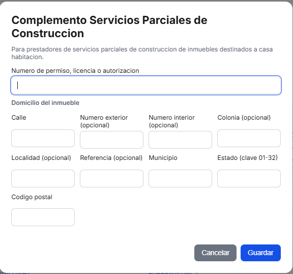 Formulario de Servicios Parciales de Construcción en TimbraMX con número de permiso y domicilio del inmueble