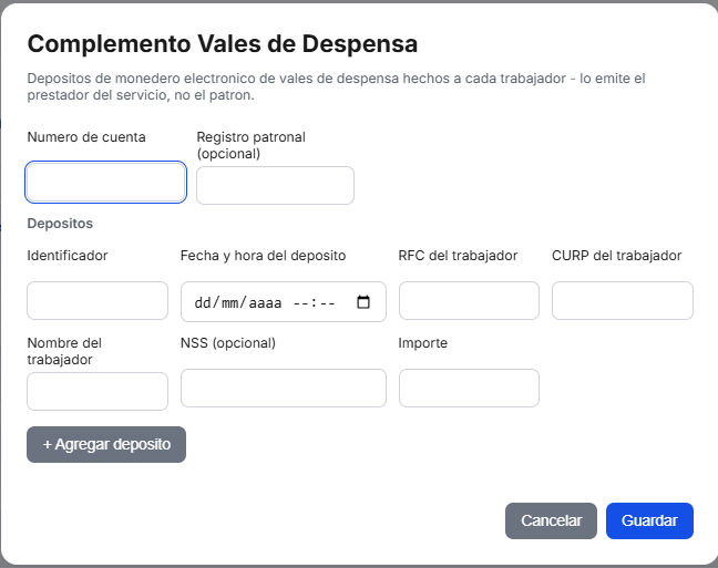 Formulario del Complemento de Vales de Despensa en TimbraMX con depósitos por trabajador