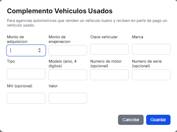 Formulario del Complemento de Vehículo Usado en TimbraMX con montos y clave vehicular