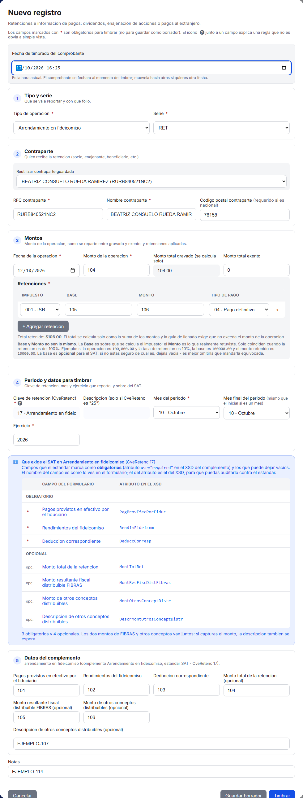 Formulario del complemento de Arrendamiento en Fideicomiso en TimbraMX con datos de ejemplo