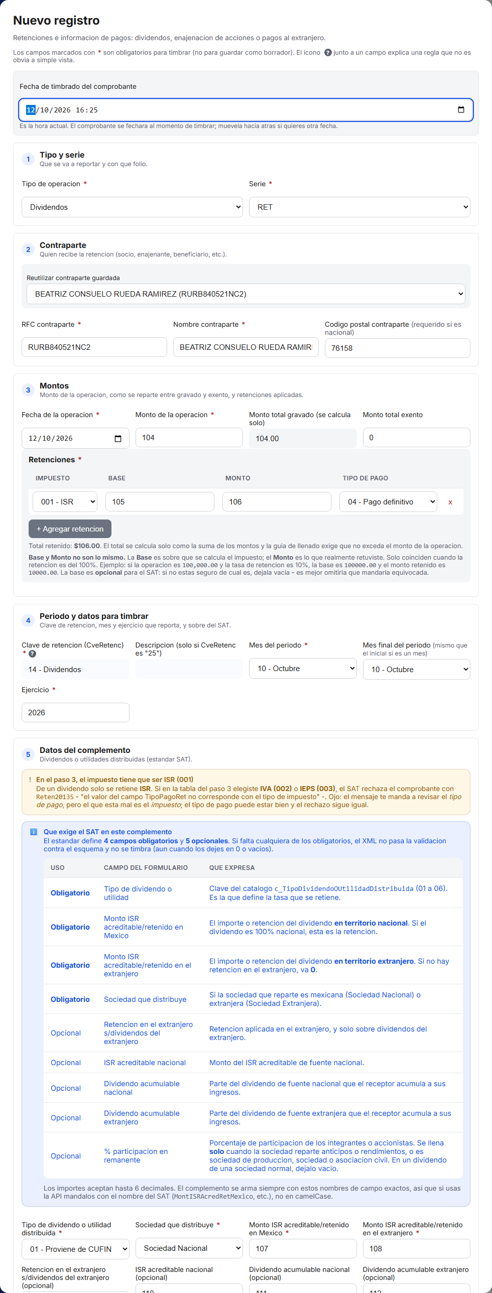 Formulario del complemento de Dividendos en TimbraMX con datos de ejemplo