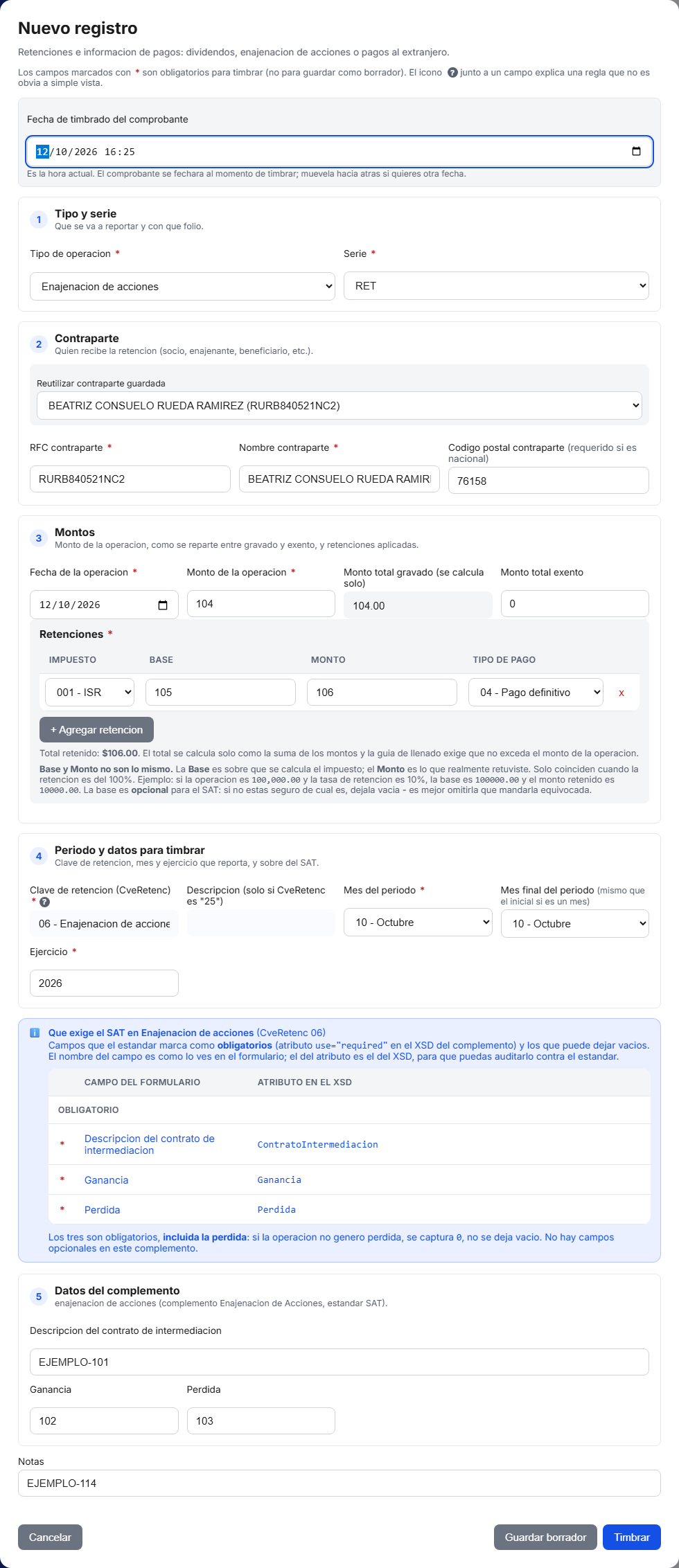 Formulario del complemento de Enajenación de Acciones en TimbraMX con datos de ejemplo