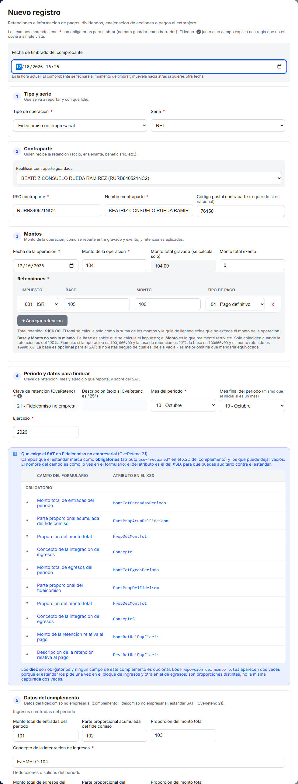 Formulario del complemento de Fideicomiso no Empresarial en TimbraMX con datos de ejemplo
