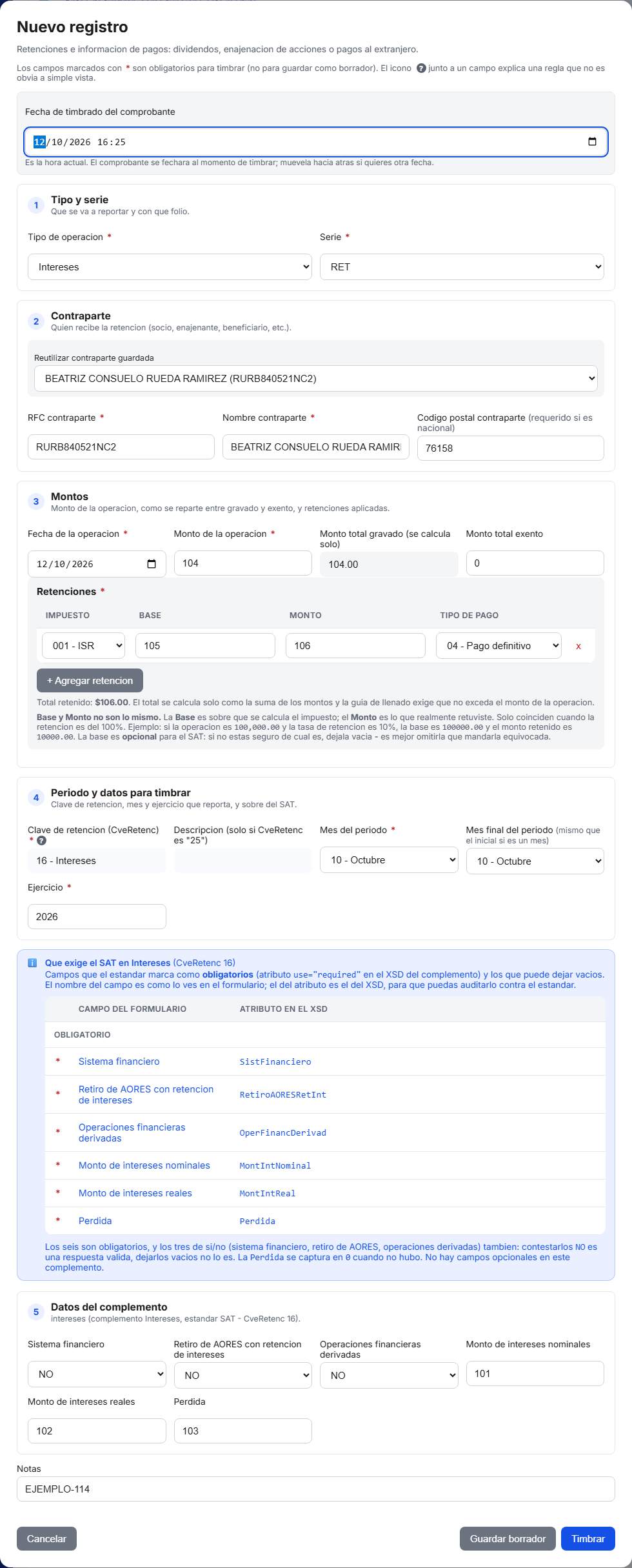 Formulario del complemento de Intereses en TimbraMX con datos de ejemplo