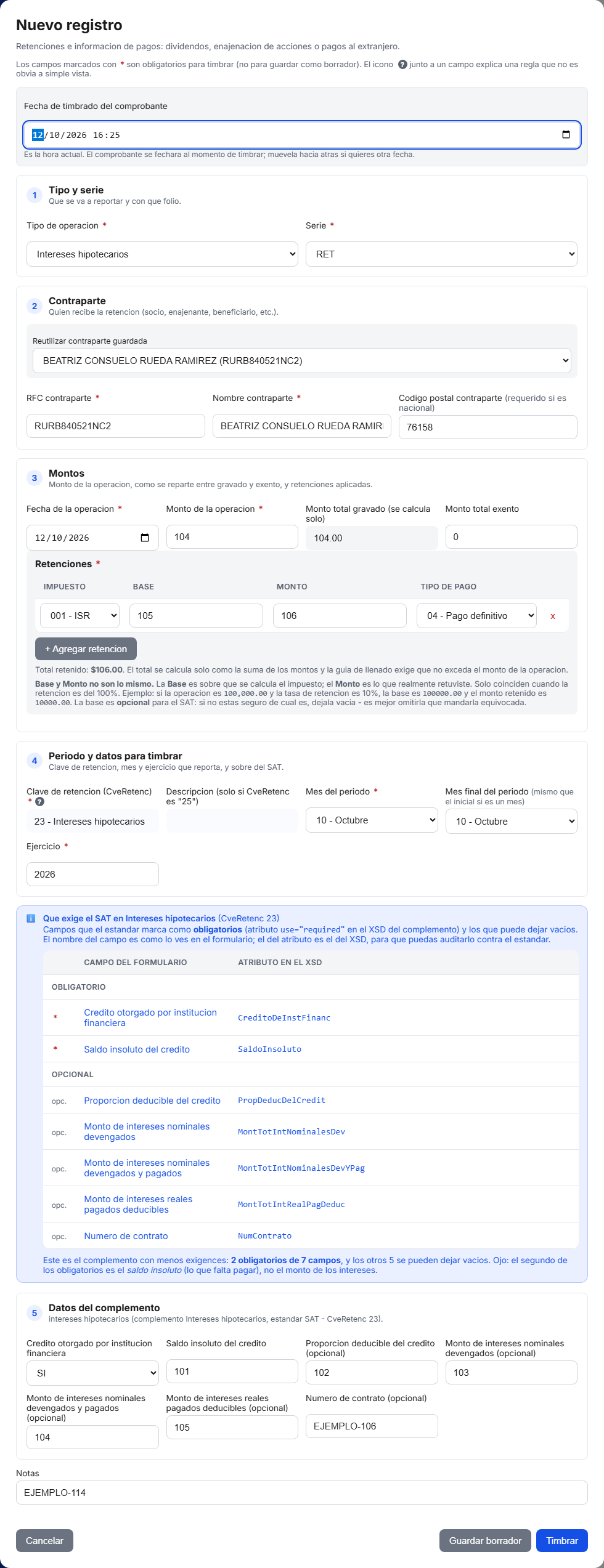 Formulario del complemento de Intereses Hipotecarios en TimbraMX con datos de ejemplo