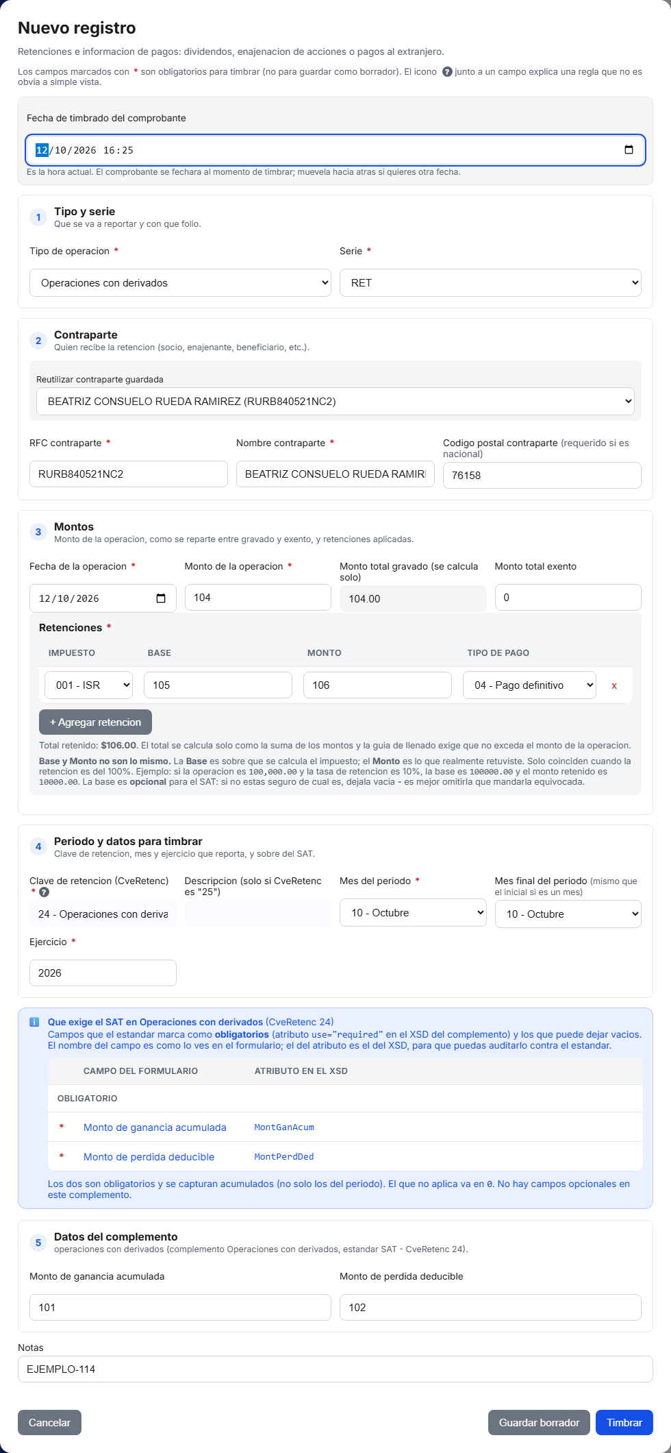 Formulario del complemento de Operaciones con Derivados en TimbraMX con datos de ejemplo