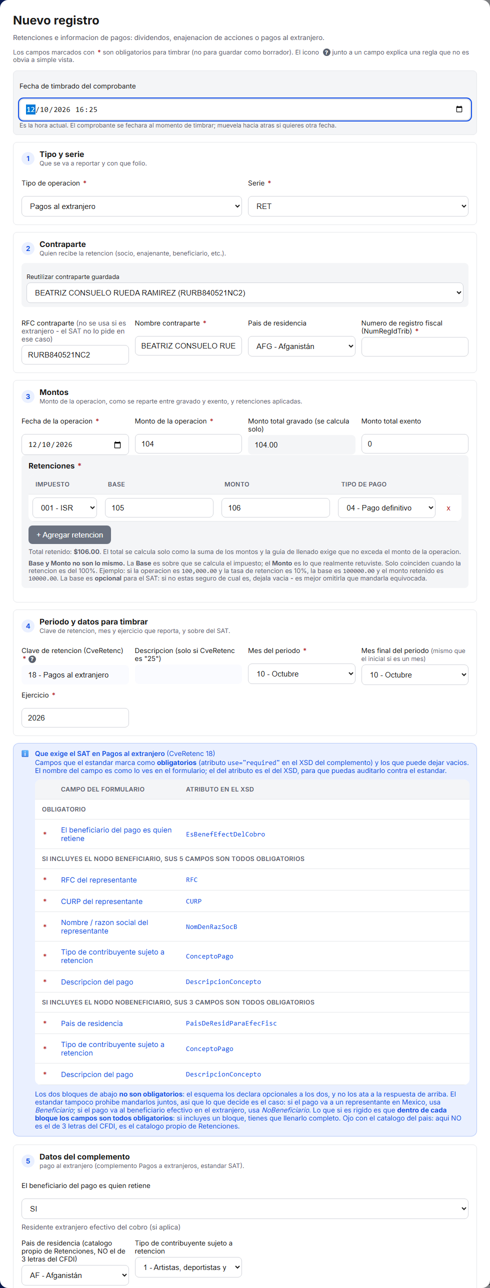 Formulario del complemento de Pagos al Extranjero en TimbraMX con datos de ejemplo