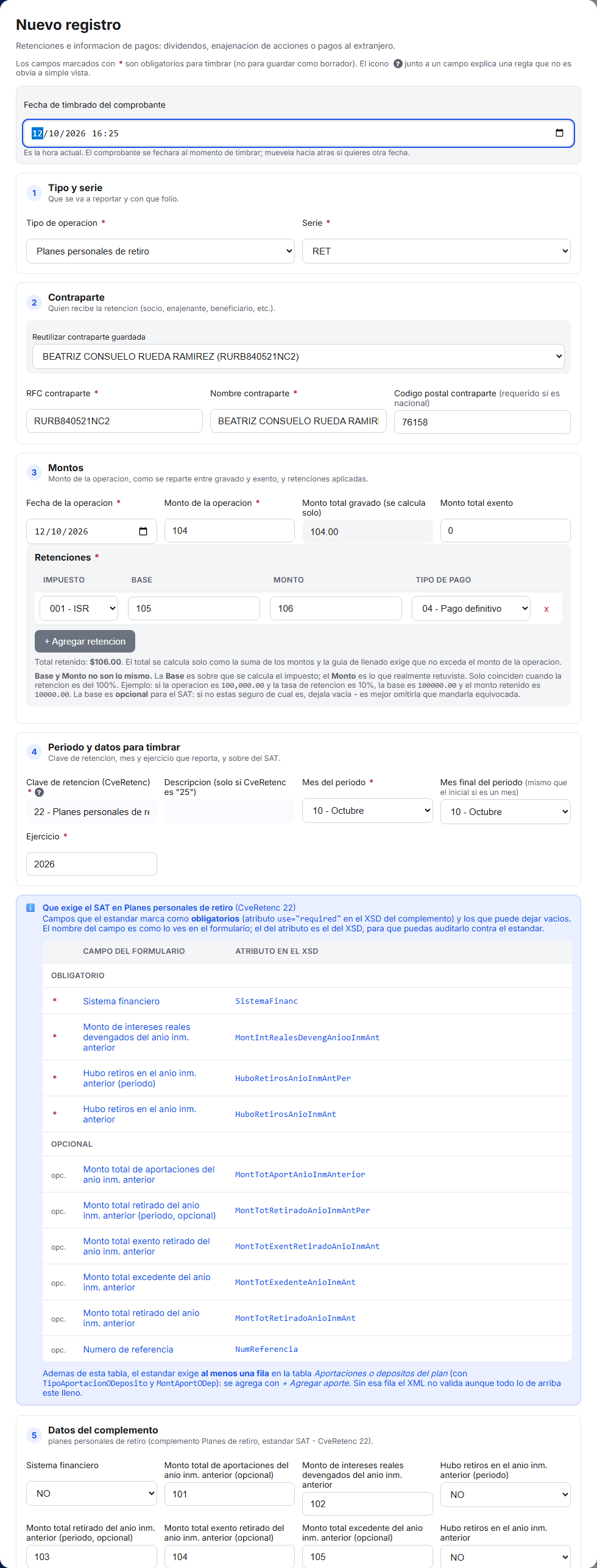 Formulario del complemento de Planes de Retiro en TimbraMX con datos de ejemplo