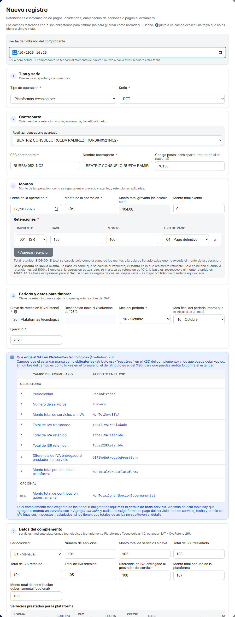 Formulario del complemento de Plataformas Tecnológicas en TimbraMX con datos de ejemplo