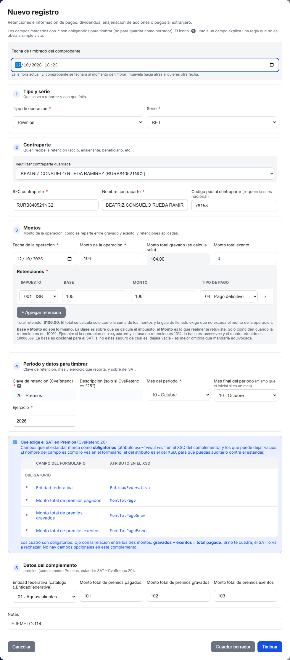 Formulario del complemento de Premios en TimbraMX con datos de ejemplo