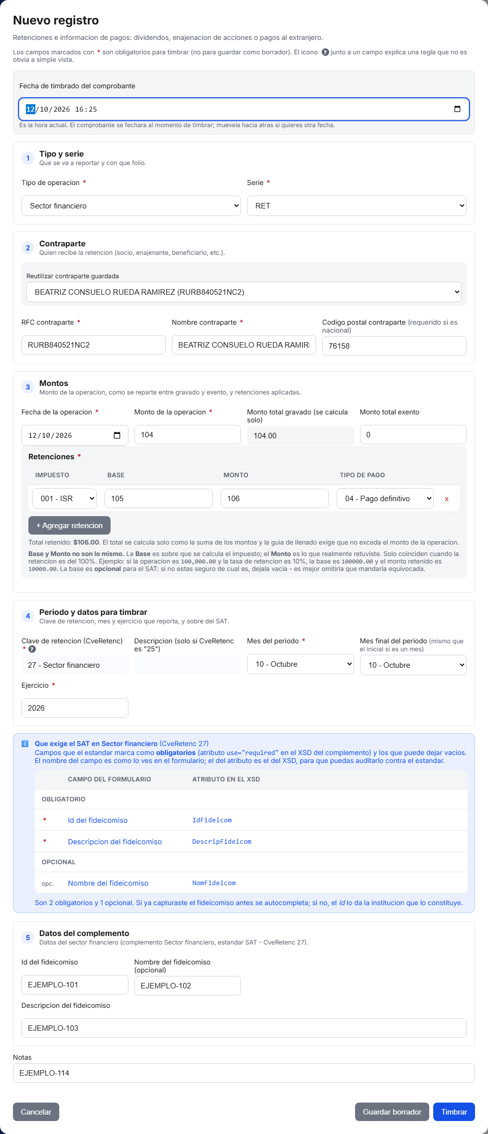 Formulario del complemento de Sector Financiero en TimbraMX con datos de ejemplo
