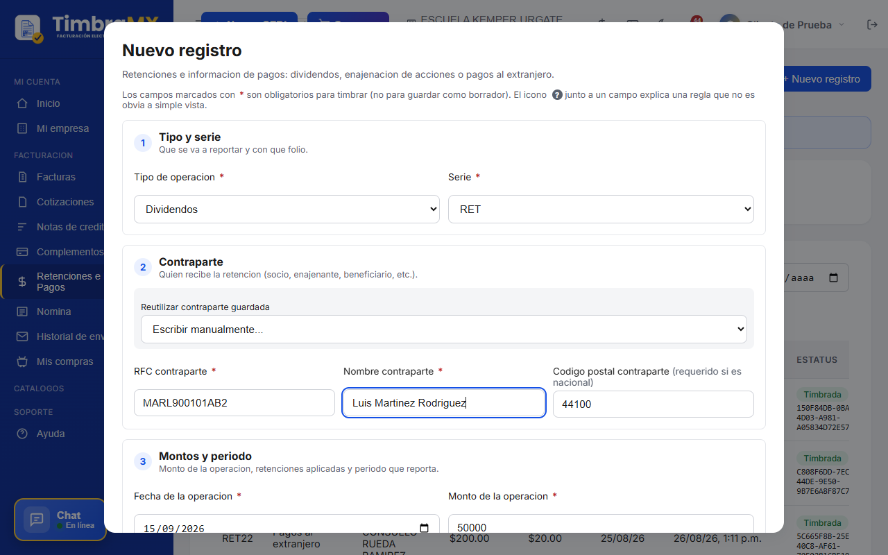 Formulario de Retenciones e Información de Pagos lleno con dividendos y montos en TimbraMX