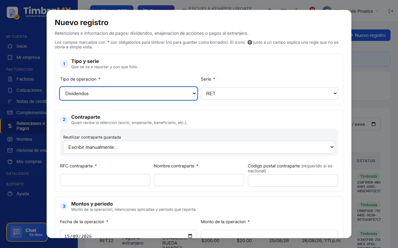 Formulario vacío para crear un registro de Retenciones e Información de Pagos en TimbraMX