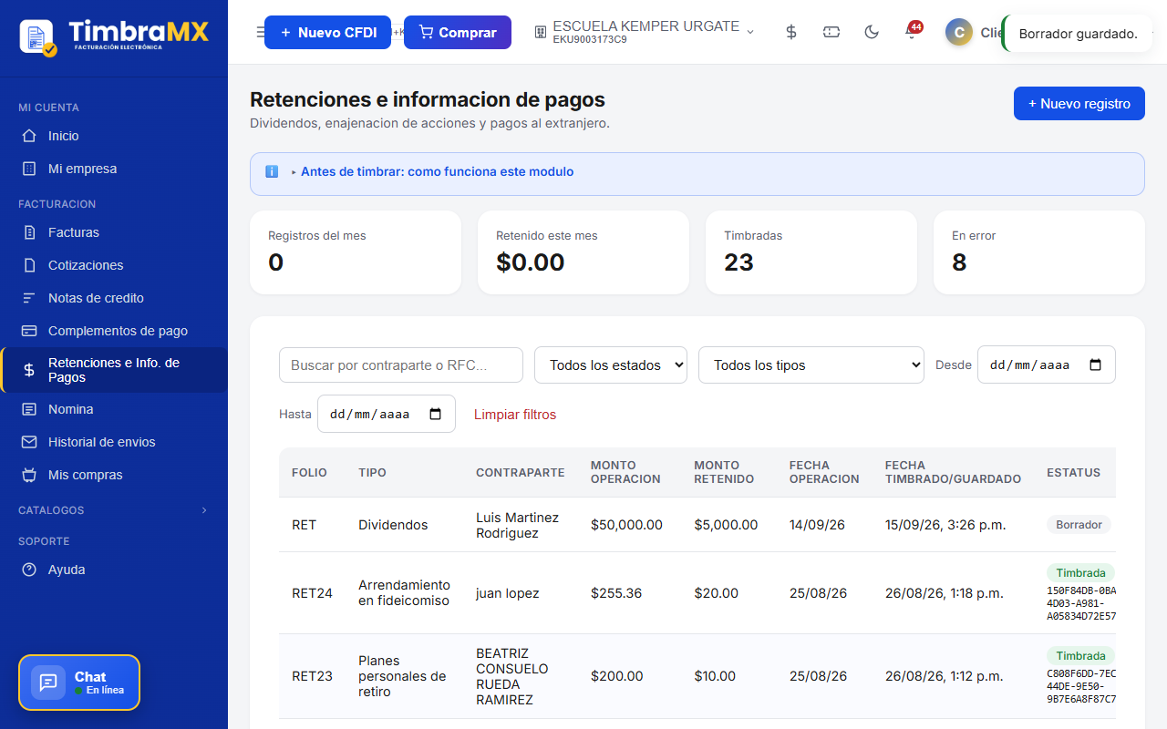 Bitácora de Retenciones e Información de Pagos en TimbraMX después de guardar un registro