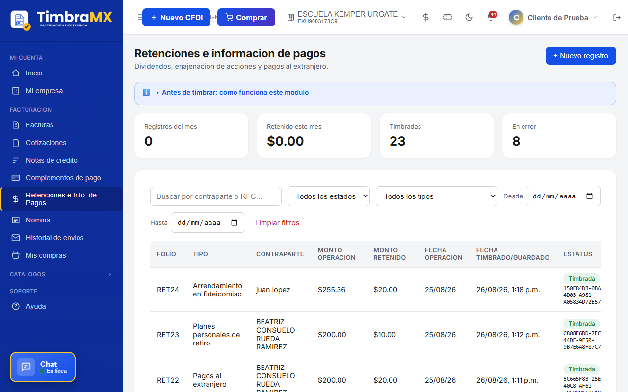 Bitácora de Retenciones e Información de Pagos de facturación electrónica en TimbraMX