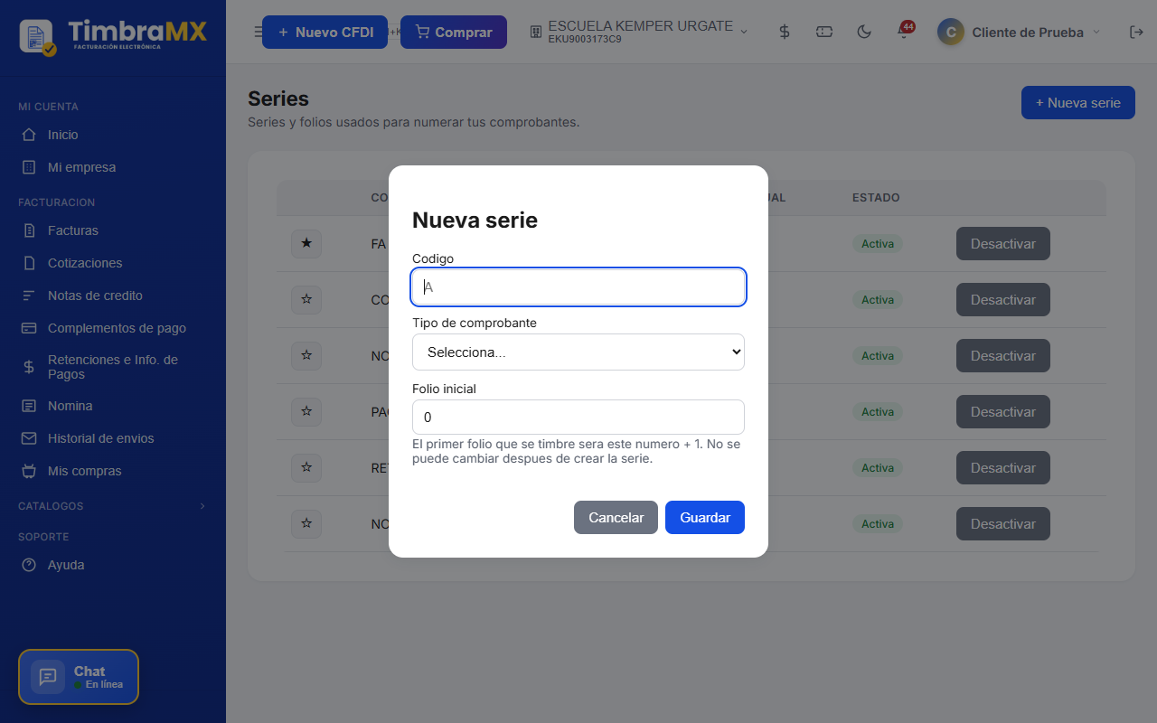 Formulario para crear una nueva serie de facturación electrónica en TimbraMX