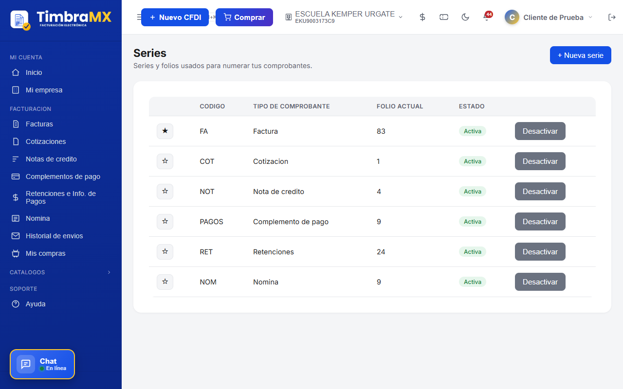 Listado de series de facturación electrónica en el portal de TimbraMX, con código, tipo de comprobante, folio actual y estado