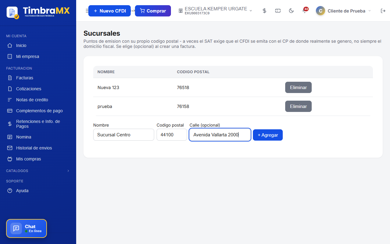 Formulario de sucursal de facturación electrónica lleno con nombre y código postal en TimbraMX