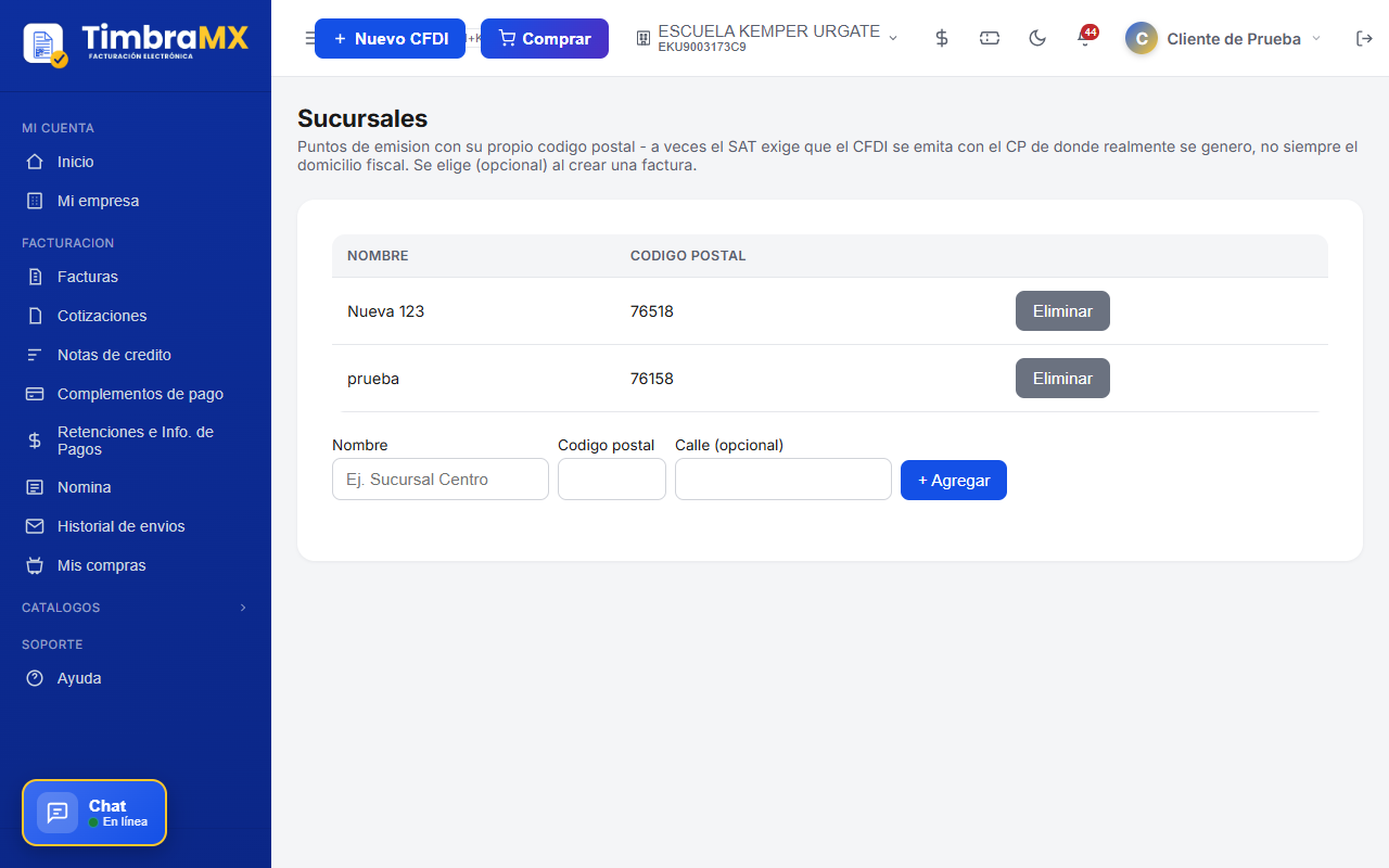 Listado de sucursales para facturación electrónica en TimbraMX