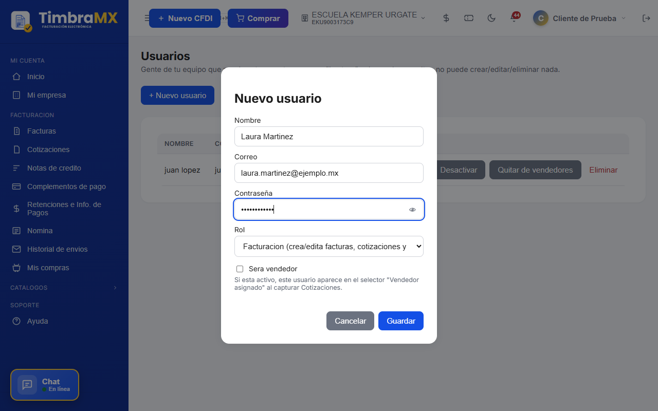 Formulario de usuario de facturación electrónica lleno con correo y rol en TimbraMX