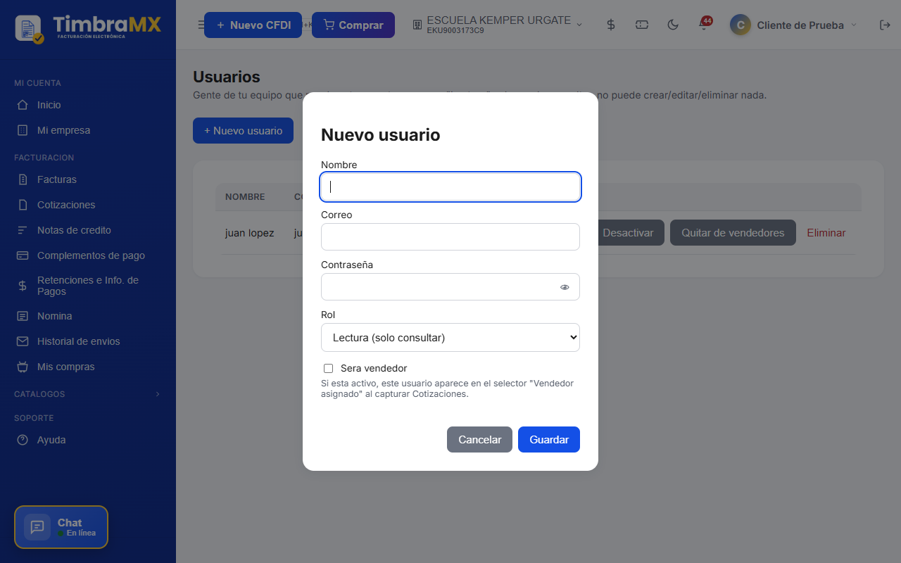 Formulario vacío para agregar un usuario de facturación electrónica en TimbraMX