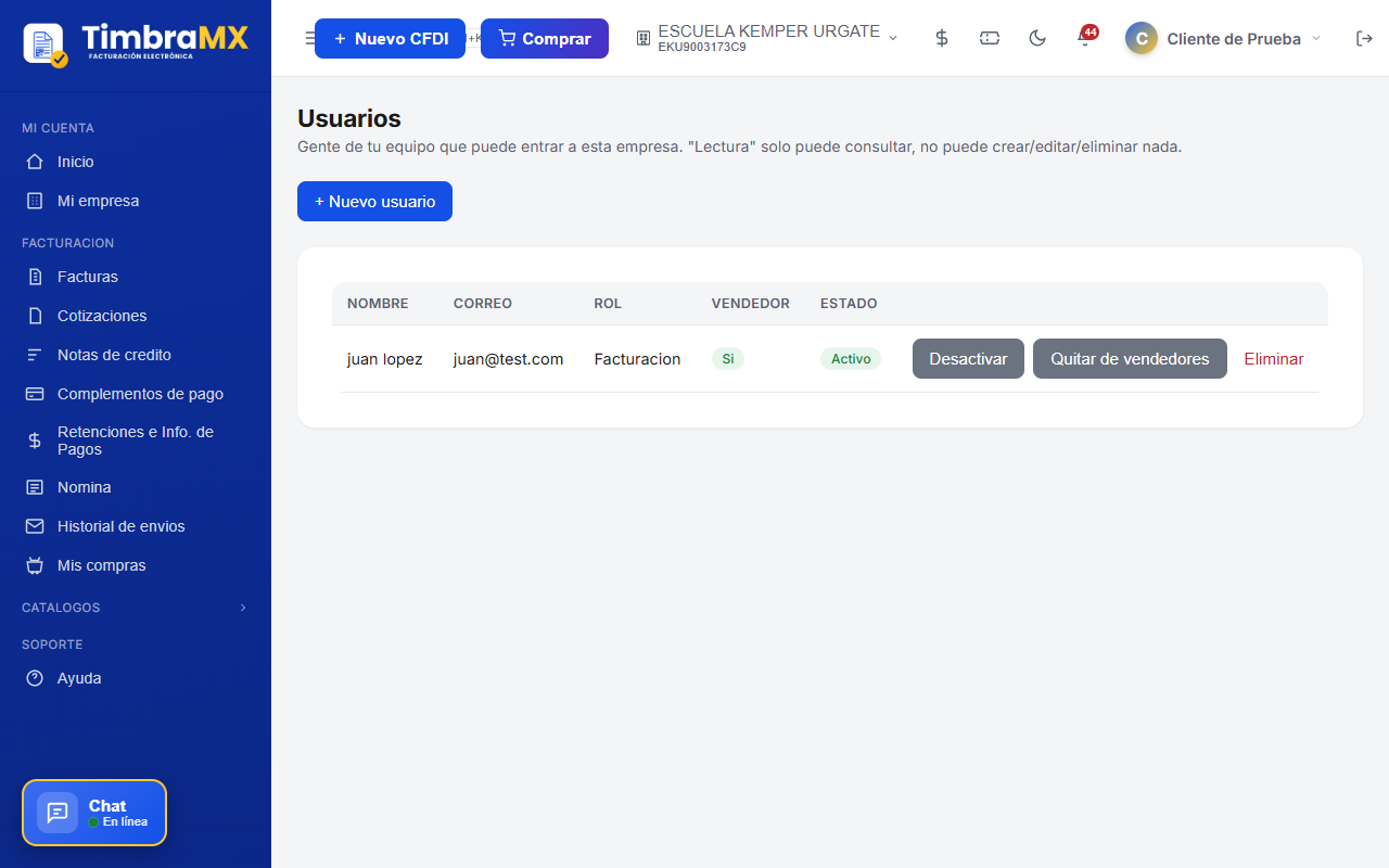 Listado de usuarios y roles de facturación electrónica en TimbraMX