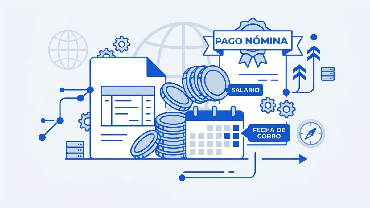 Ilustración del complemento de nómina: recibo de pago con monedas y calendario de timbrado