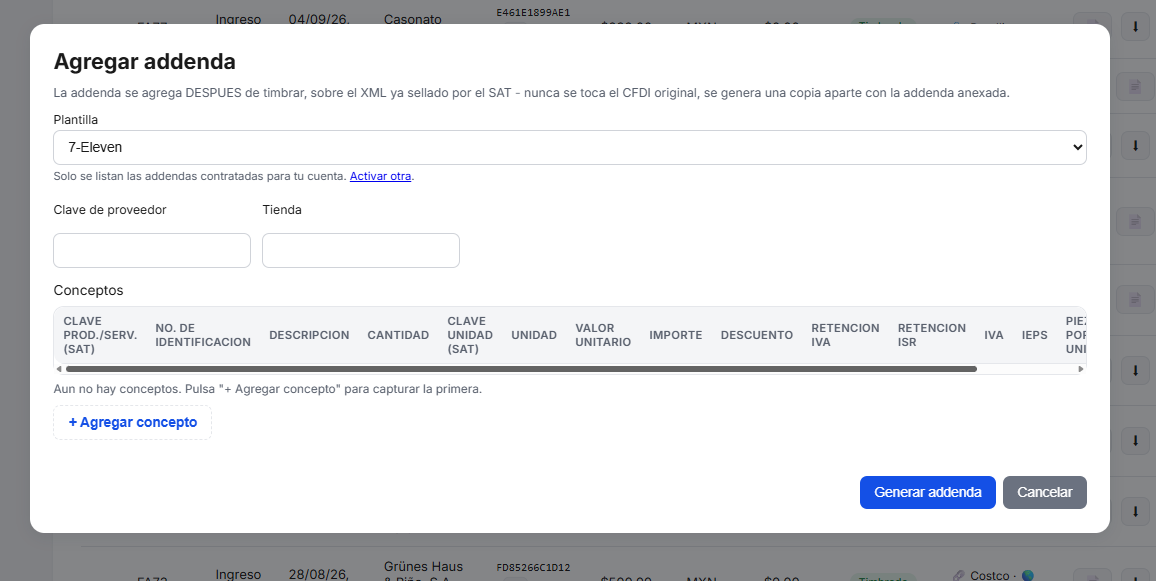 Captura del sistema de TimbraMX con Addenda 7-Eleven para CFDI 4.0