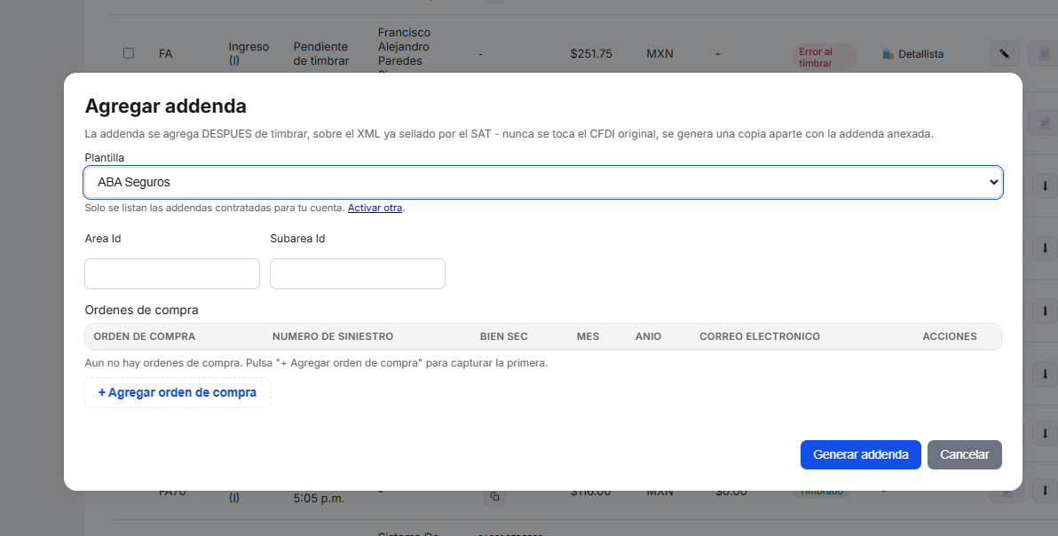 Captura del sistema de TimbraMX con Addenda ABA Seguros para CFDI 4.0