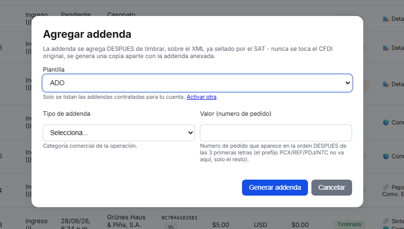 Captura del sistema de TimbraMX con Addenda ADO para CFDI 4.0