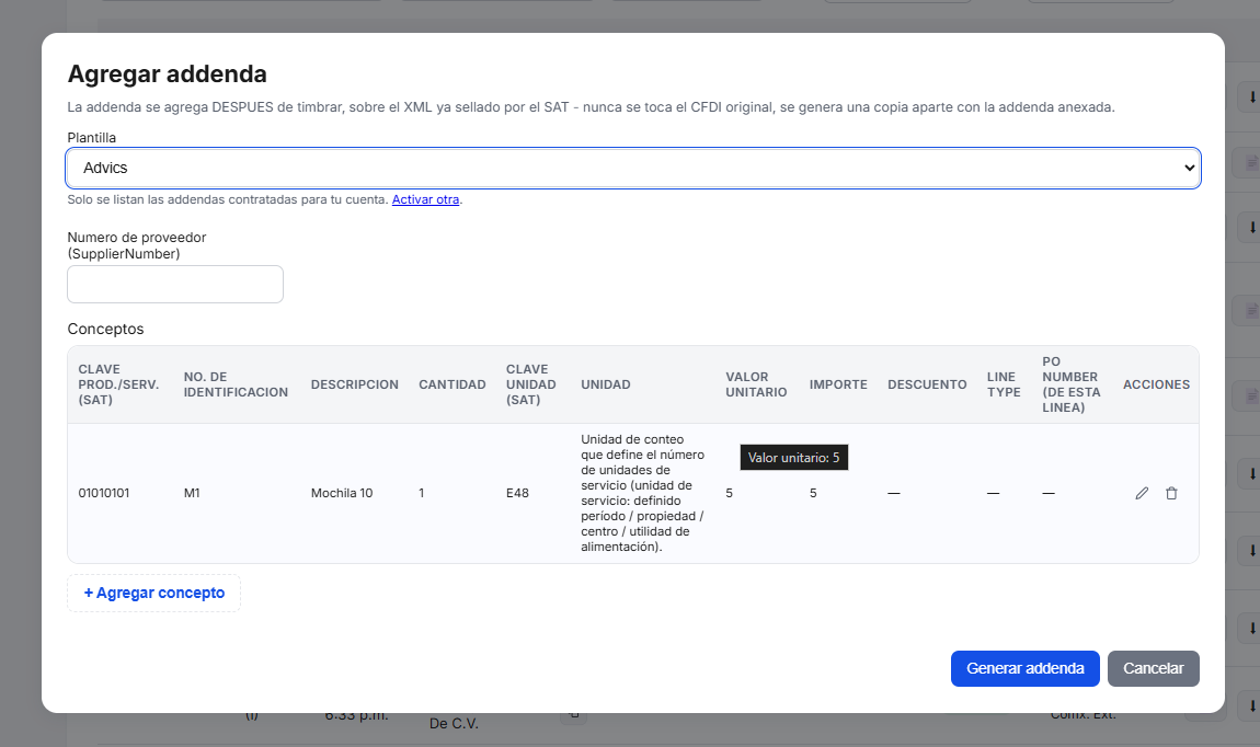 Captura del sistema de TimbraMX con Addenda Advics para CFDI 4.0