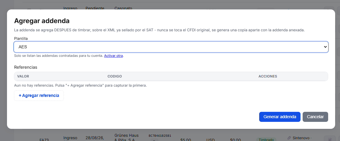 Captura del sistema de TimbraMX con Addenda AES para CFDI 4.0