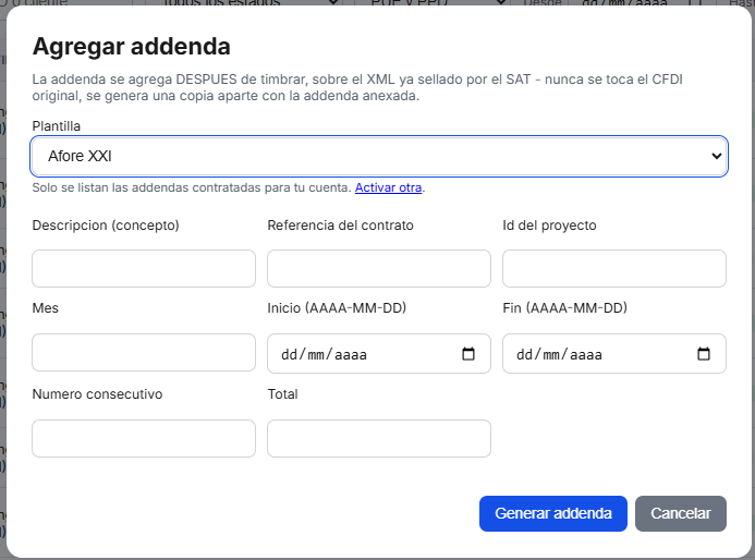 Captura del sistema de TimbraMX con Addenda Afore XXI Banorte para CFDI 4.0
