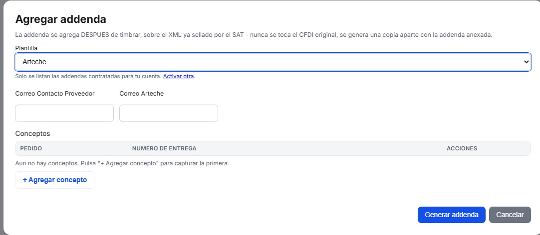 Captura del sistema de TimbraMX con Addenda Arteche North America para CFDI 4.0