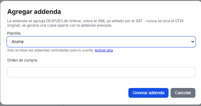 Captura del sistema de TimbraMX con Addenda Aruma para CFDI 4.0
