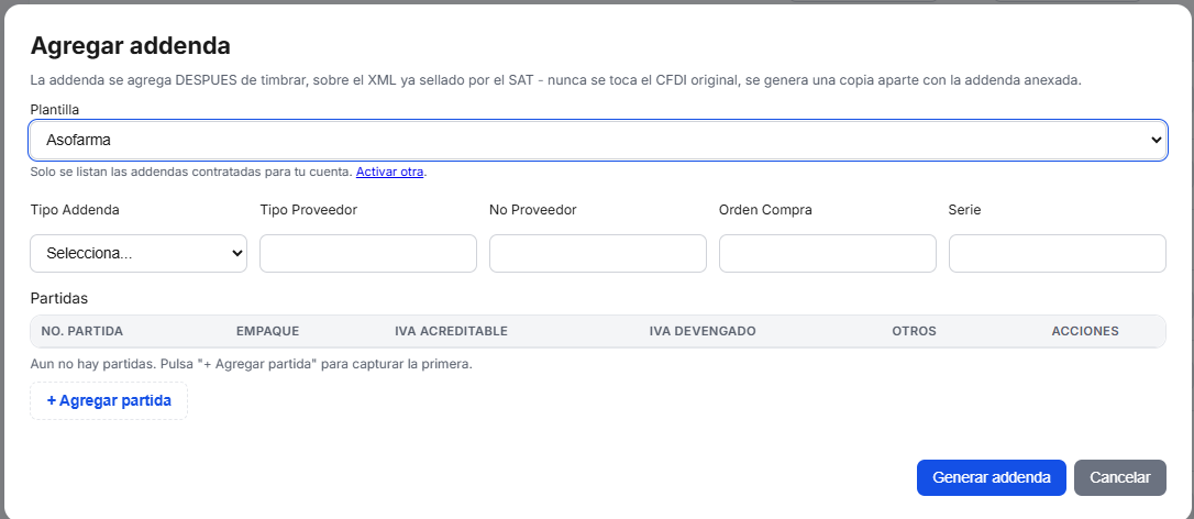 Captura del sistema de TimbraMX con Addenda Asofarma (ASOMAPREX) para CFDI 4.0