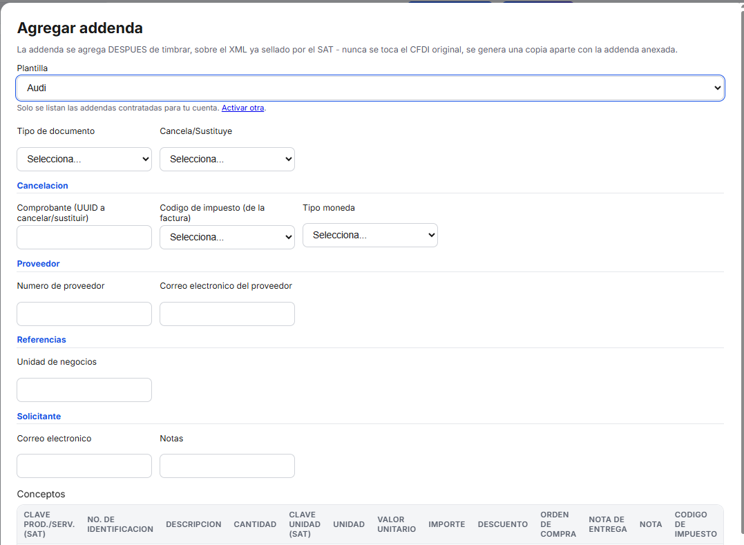 Captura del sistema de TimbraMX con Addenda Audi para CFDI 4.0