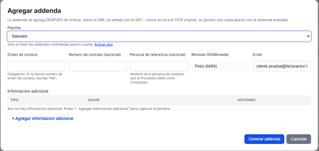 Captura del sistema de TimbraMX con Addenda Basware para CFDI 4.0