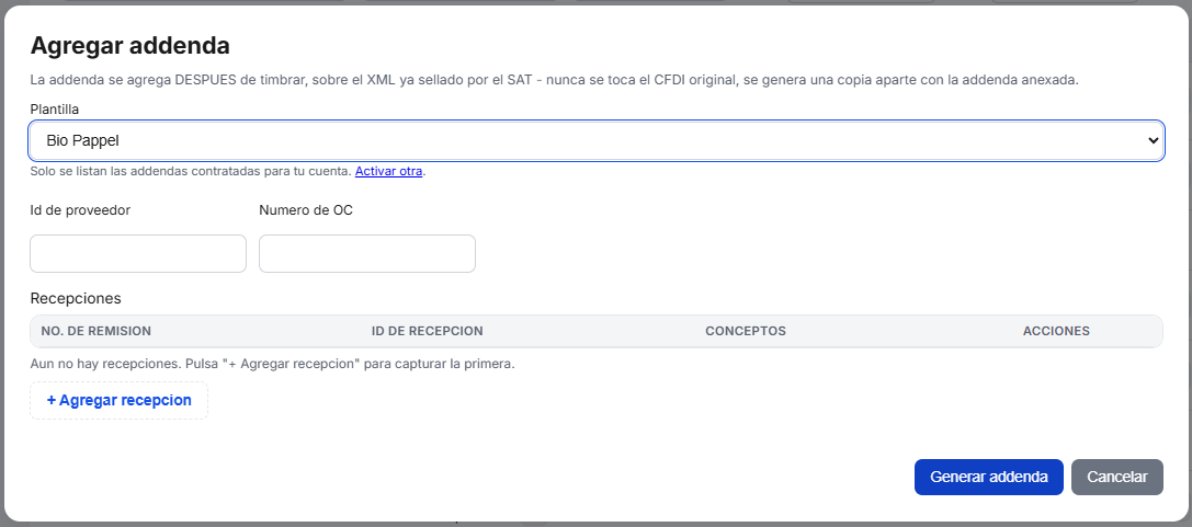 Captura del sistema de TimbraMX con Addenda Bio Pappel para CFDI 4.0