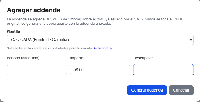 Captura del sistema de TimbraMX con Addenda Casas ARA / Fondo de Garantía para CFDI 4.0
