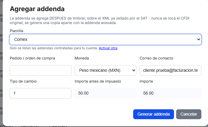 Captura del sistema de TimbraMX con Addenda Comex para CFDI 4.0