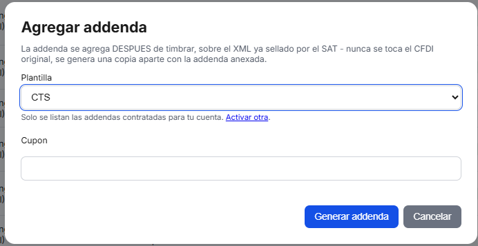 Captura del sistema de TimbraMX con Addenda CTS para CFDI 4.0