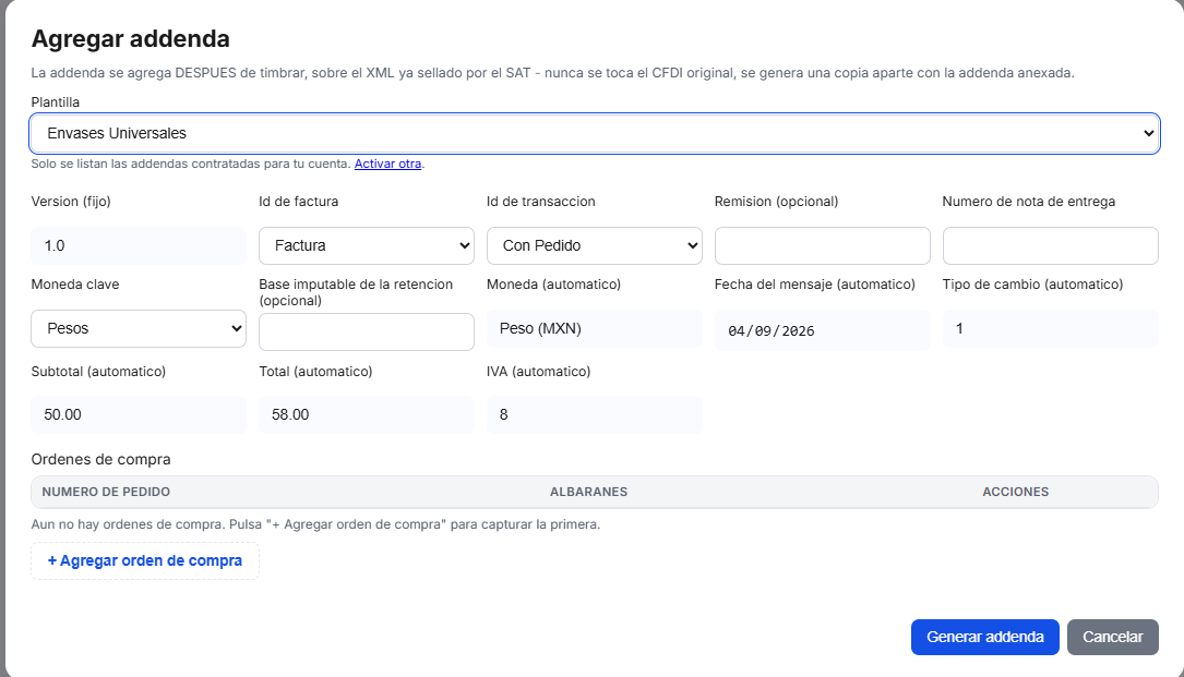 Captura del sistema de TimbraMX con Addenda Envases Universales para CFDI 4.0