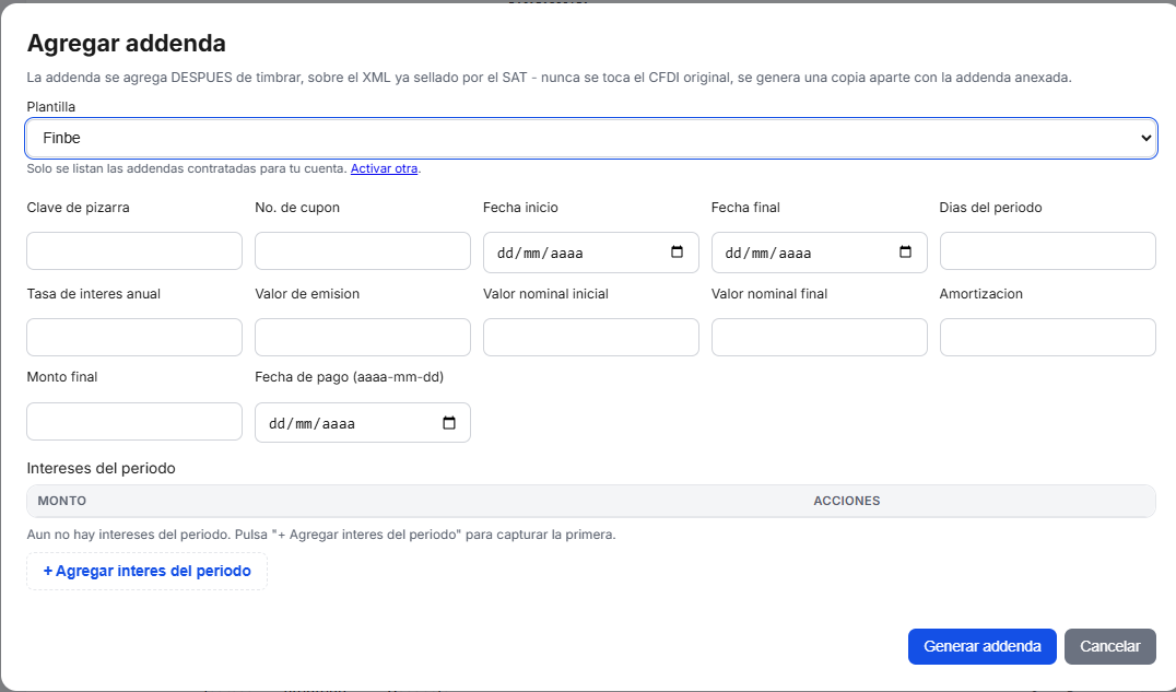 Captura del sistema de TimbraMX con Addenda Finbe para CFDI 4.0