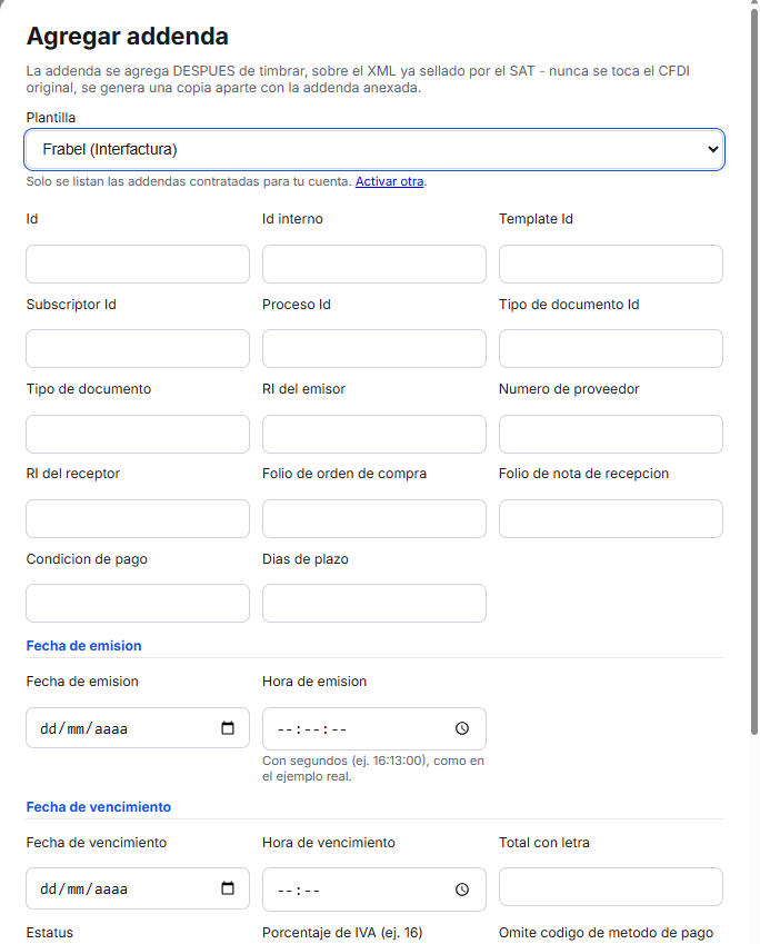 Captura del sistema de TimbraMX con Addenda Frabel para CFDI 4.0
