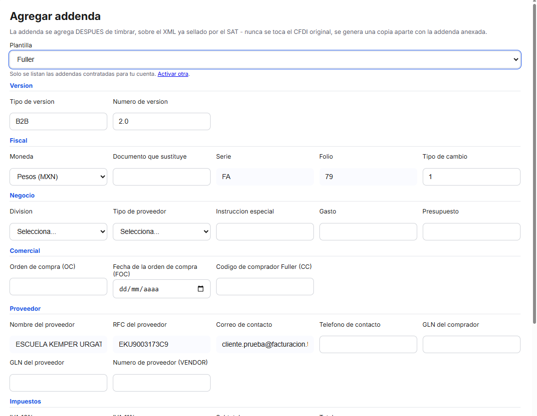 Captura del sistema de TimbraMX con Addenda Fuller para CFDI 4.0