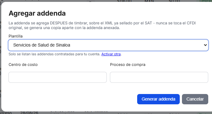 Captura del sistema de TimbraMX con Addenda Gobierno de Sinaloa (Salud) para CFDI 4.0